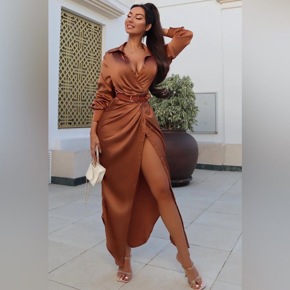 Gabriella Satin Maxi Shirt Dress - Copper